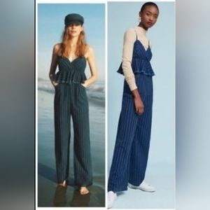 Att:twa by Anthropology Navy Blue Striped Wide leg Jumpsuit Size XS